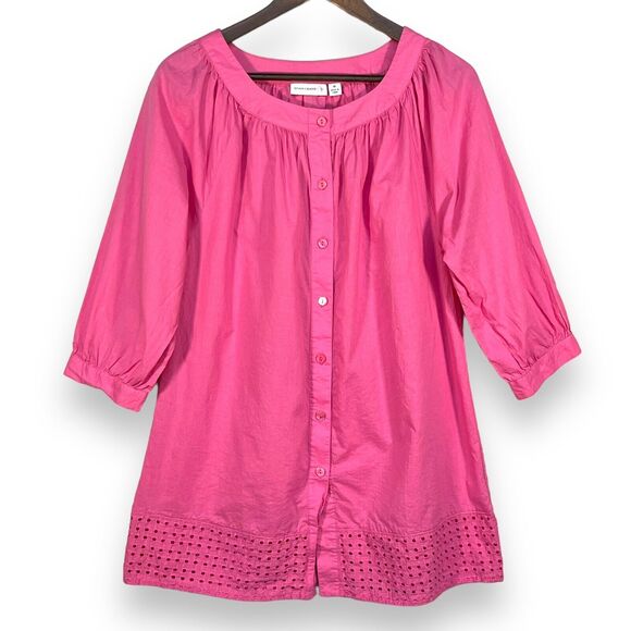 Susan Graver Tunic Blouse Women‎ Size M Pink Raglan 3/4 Sleeve Button-Front - Picture 1 of 13